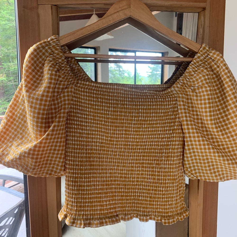Steve Madden Yellow Gingham Puff Sleeve Blouse